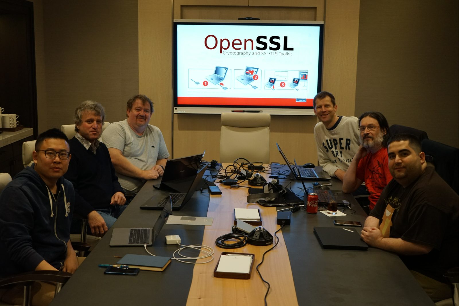 Paul Yang, Matthias St. Pierre, Tim Hudson, Matt Caswell, Richard Levitte and Nicola Tuveri at OpenSSL Committer’s Day 2019
