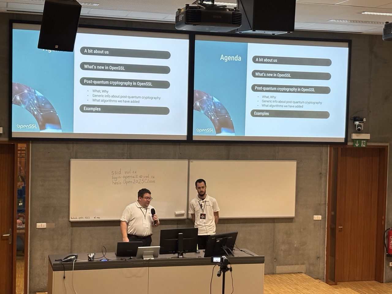 Joint hands-on demonstration with two OpenSSL presenters and agenda slides at OpenAlt 2025