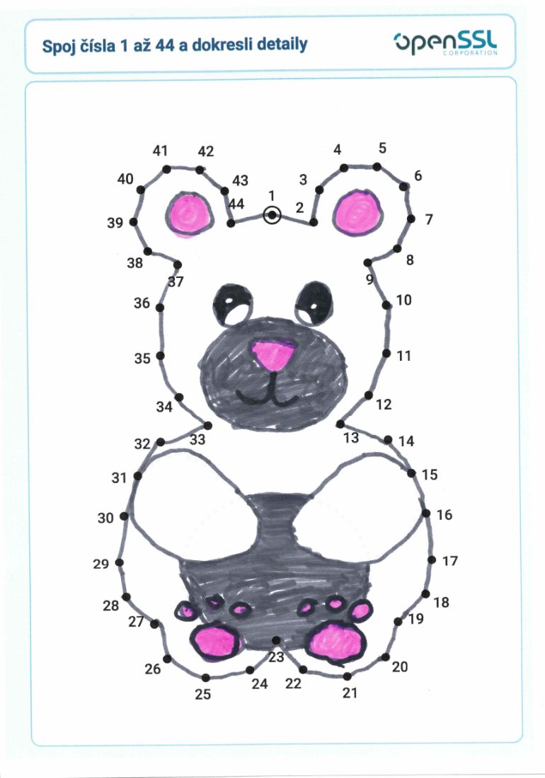 Child's bear with bright magenta paws and ears
