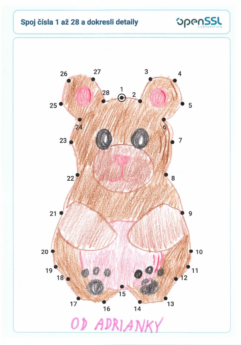 Child's grey and pink marker bear, dot-to-dot completed
