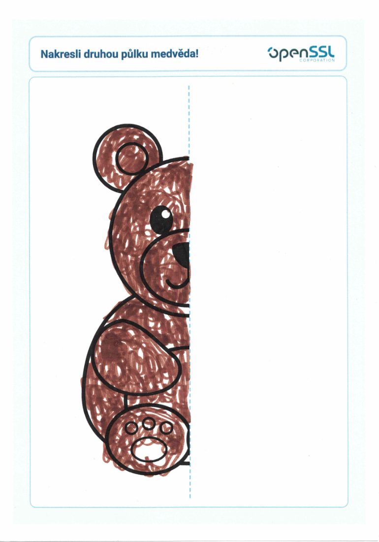 Draw-the-other-half bear worksheet, completed in brown marker
