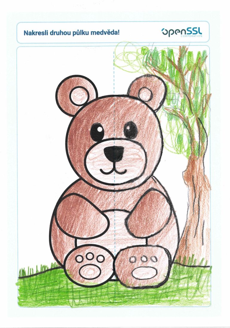 Child's coloured-in brown teddy bear beside a green tree