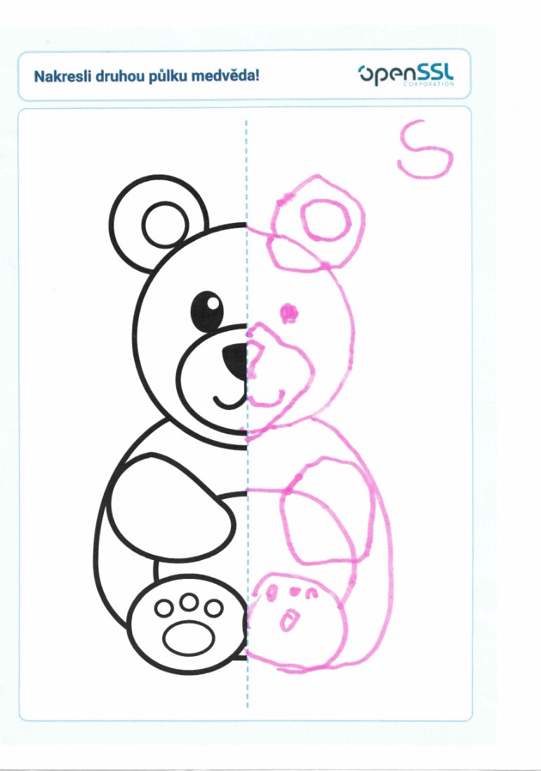 Child's bear coloured with pink swirls