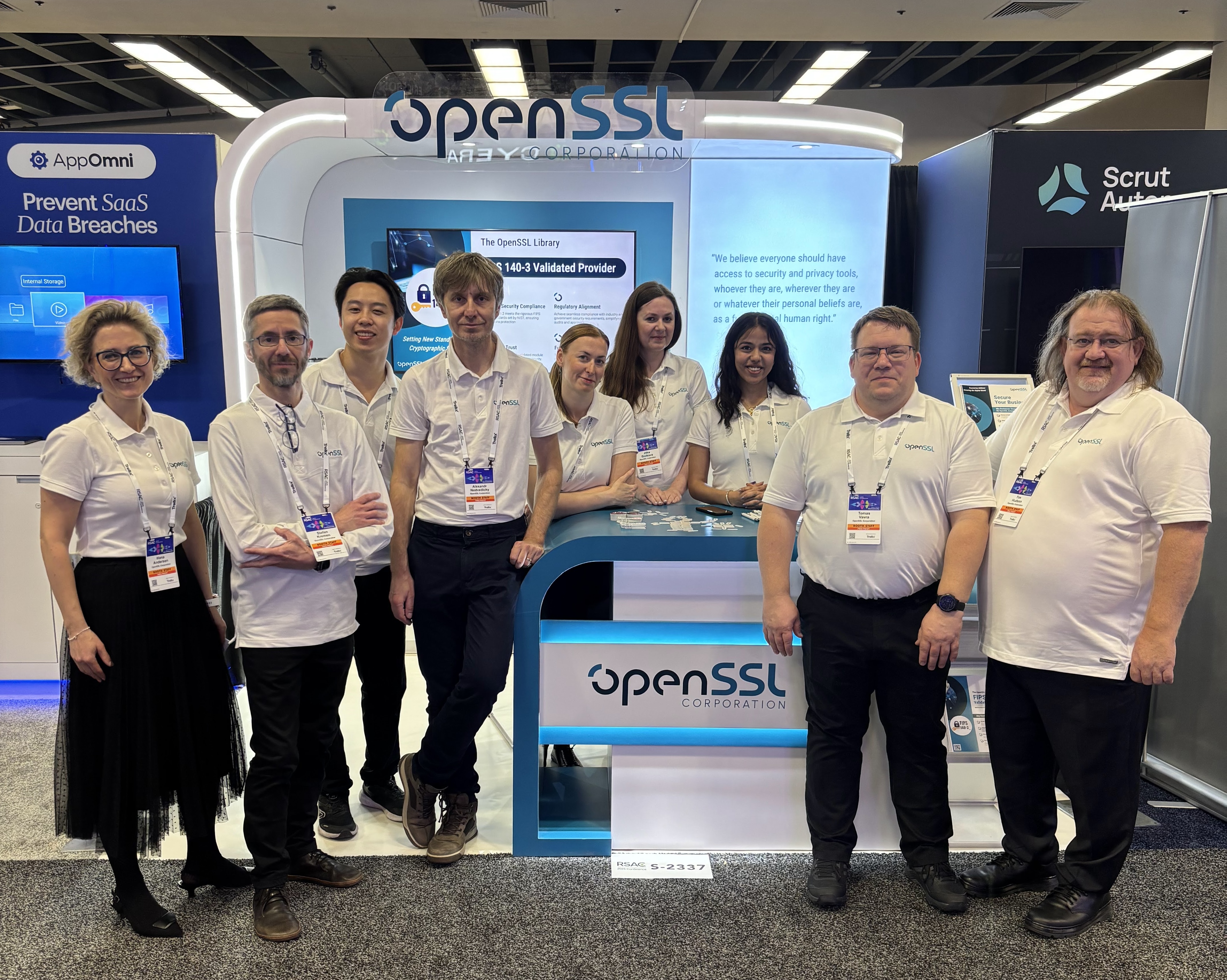 OpenSSL Corporation team at RSAC 2025, from left to right: Hana Andersen (MarCom Mgr.), Stefan Kremen (Customer & Support Mgr.), Andrew Dinh (Software Engineer), Alexander (Saša) Nedvědický(Software Engineer), Kateřina Míčová (Business Admin), Jitka Biolková (MarCom Specialist), Kajal Sapkota (MarCom Specialist), Tomáš Vávra (Engineering & Standards Mgr.), Tim Hudson (President)